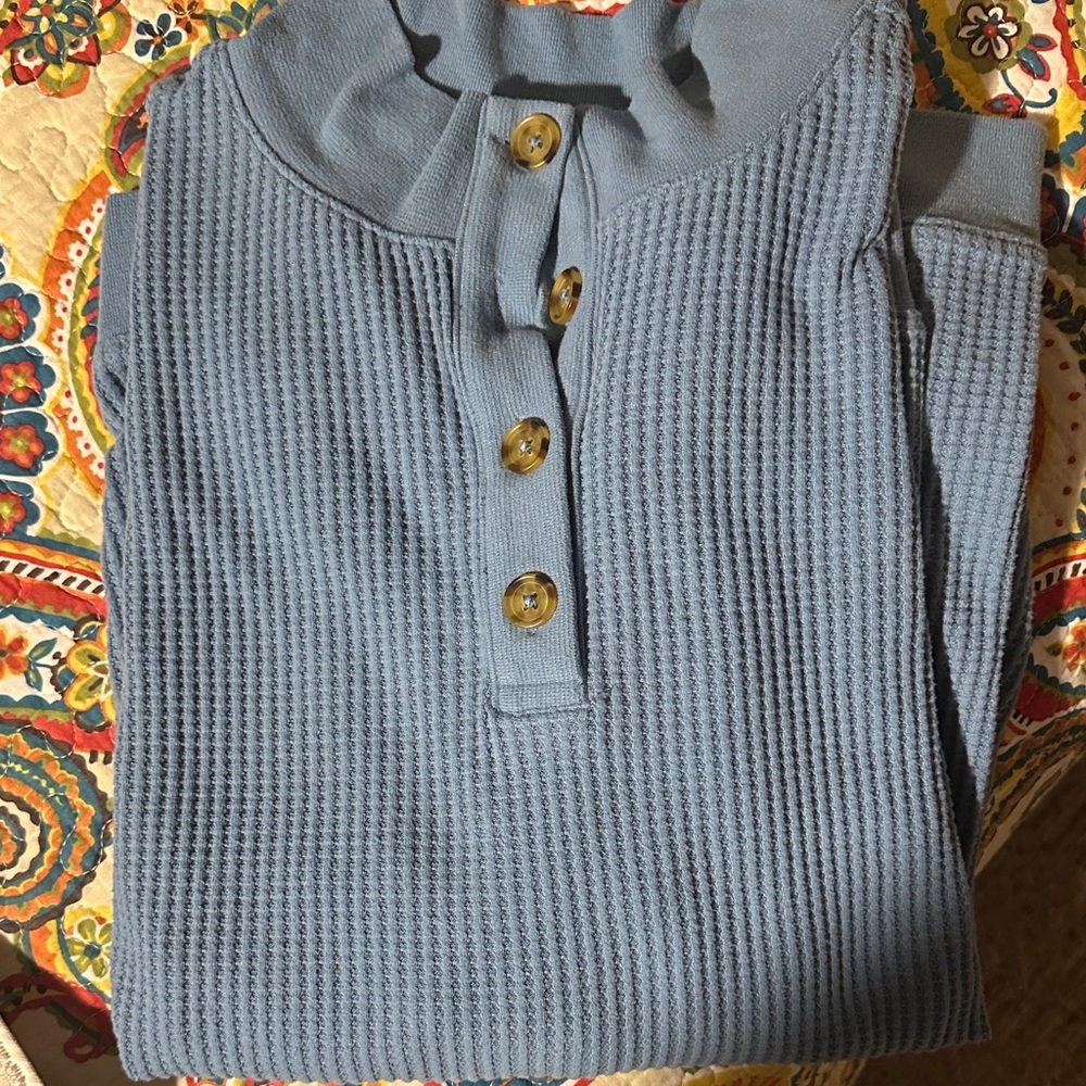 Blue Waffle Knit Henley Shirt